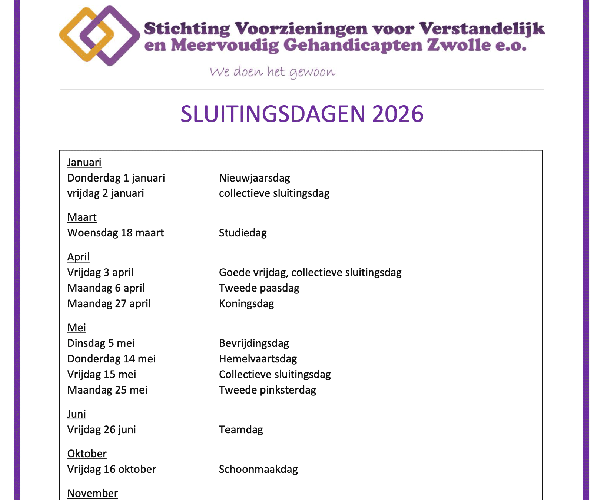 Sluitingsdagen in 2026