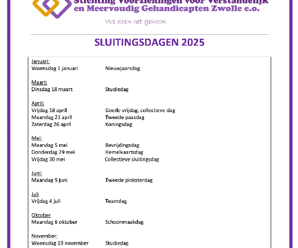 Sluitingsdagen in 2025